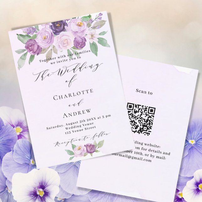 Convite Casamento violeta de flores roxas rosas QR RSVP (Criador carregado)