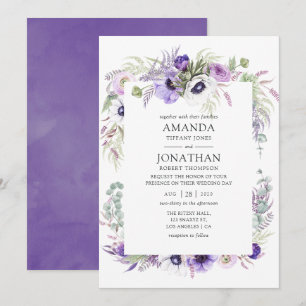 Convite Casamento Violeta Empoeirado Floral Aquarela
