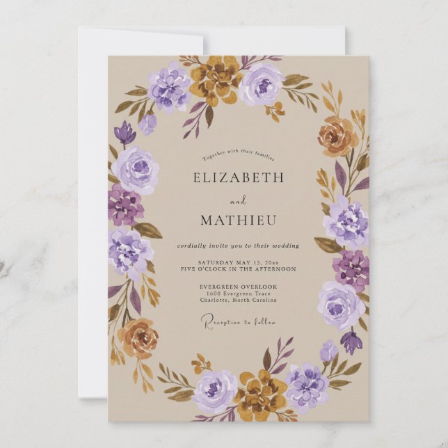 Convite Casamento Violeta Ocre Ranunculus Eucalipto (Frente)