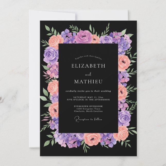 Convite Casamento Violeta Pêssego Ranunculus Eucalipto (Frente)