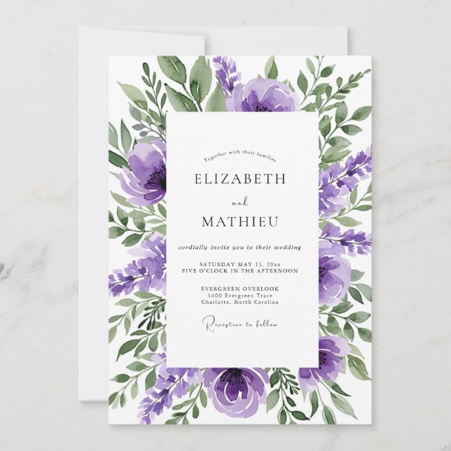 Convite Casamento Violeta Poético de Primavera (Frente)