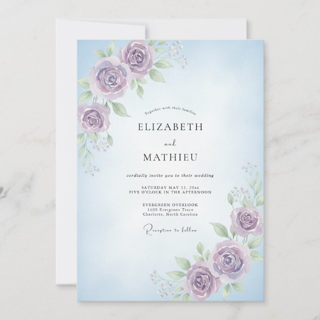 Convite Casamento Violeta Ranunculus Eucalipto (Frente)