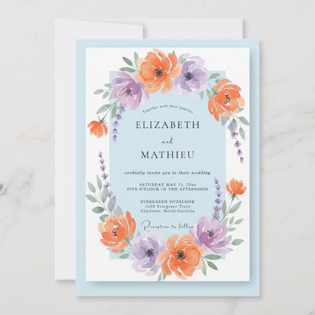 Convite Casamento Violeta Ranunculus Eucalipto Damasco (Frente)