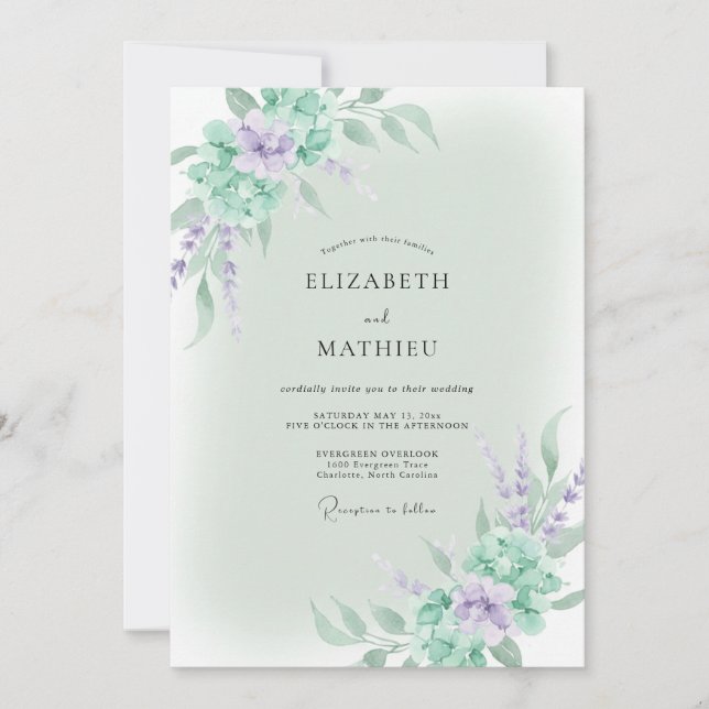 Convite Casamento Violeta Wisteria Mint (Frente)