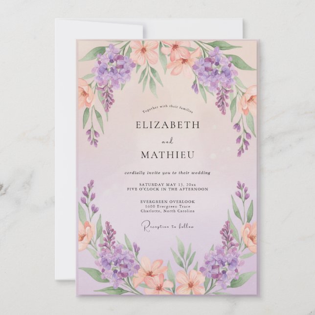 Convite Casamento Violeta Wisteria Pêssego (Frente)