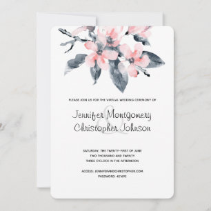 Convite Casamento Virtual Aquarela Flores Rosa e Cinza