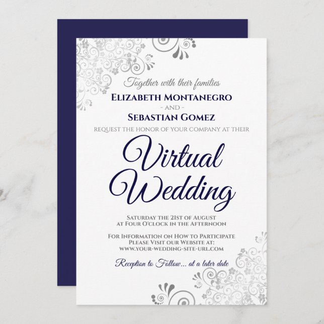 Convite Casamento Virtual Azul e Branco do Marinho Silver  (Frente/Verso)