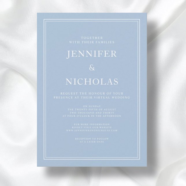 Convite Casamento Virtual Azul Pó Formal Elegante (Front / Modern Elegant Formal Powder Blue Virtual Wedding Invitation)