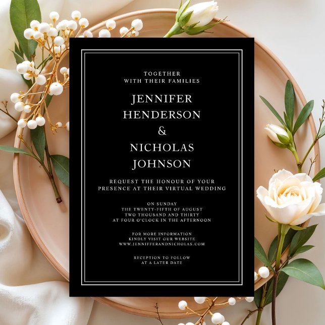 Convite Casamento Virtual Branco Branco Formal Clássico El (Elegant Classic Formal Black White Virtual Wedding Invitation)