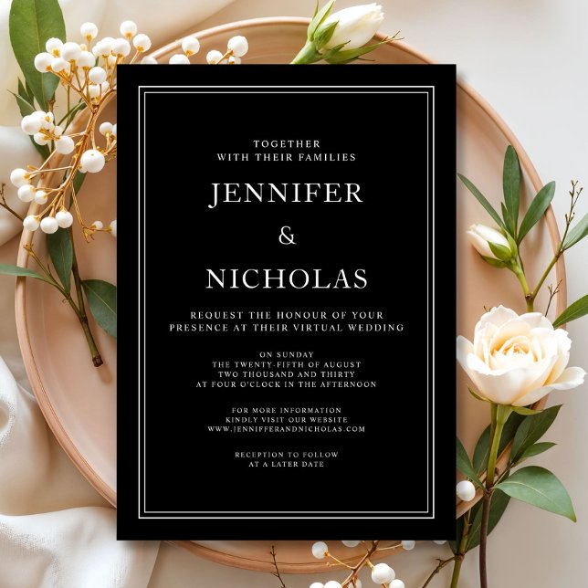 Convite Casamento Virtual Branco E Preto Clássico Elegante (Elegant Classic Black And White Virtual Wedding Invitation)