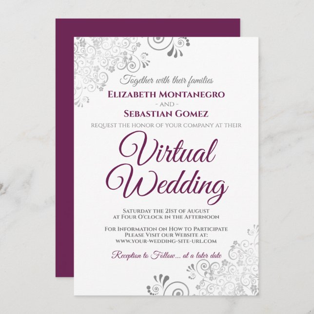 Convite Casamento Virtual Branco Roxo do Gabinetes Silver (Frente/Verso)