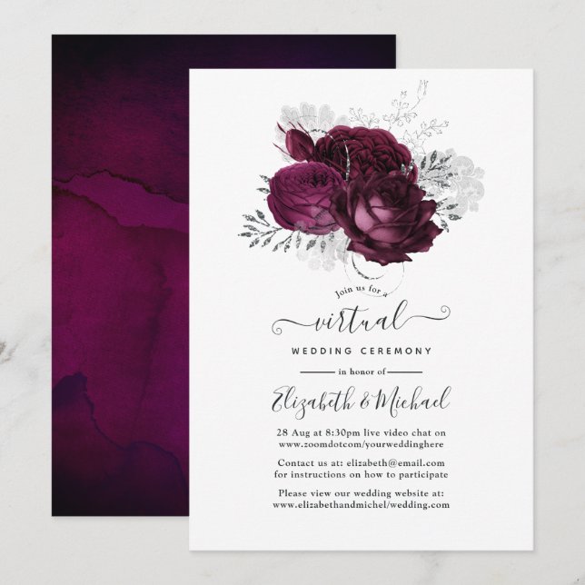 Convite Casamento Virtual Burgundy e Floral Prata (Frente/Verso)