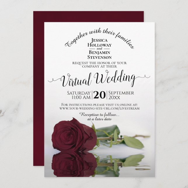 Convite Casamento Virtual Burgundy Rosa Refletindo Elegant (Frente/Verso)