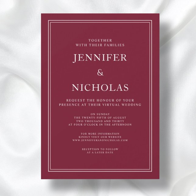 Convite Casamento Virtual Clássico Elegante Formal Burgund (Front / Classic Elegant Formal Burgundy Virtual Wedding Invitation)