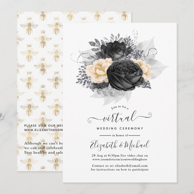 Convite Casamento Virtual de Abelhas Florais Douradas e Ne (Frente/Verso)