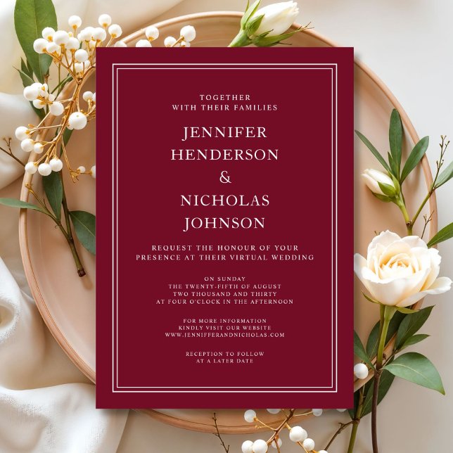 Convite Casamento Virtual de Borgonha Formal Elegante (Elegant Formal Burgundy Virtual Wedding Invitation)