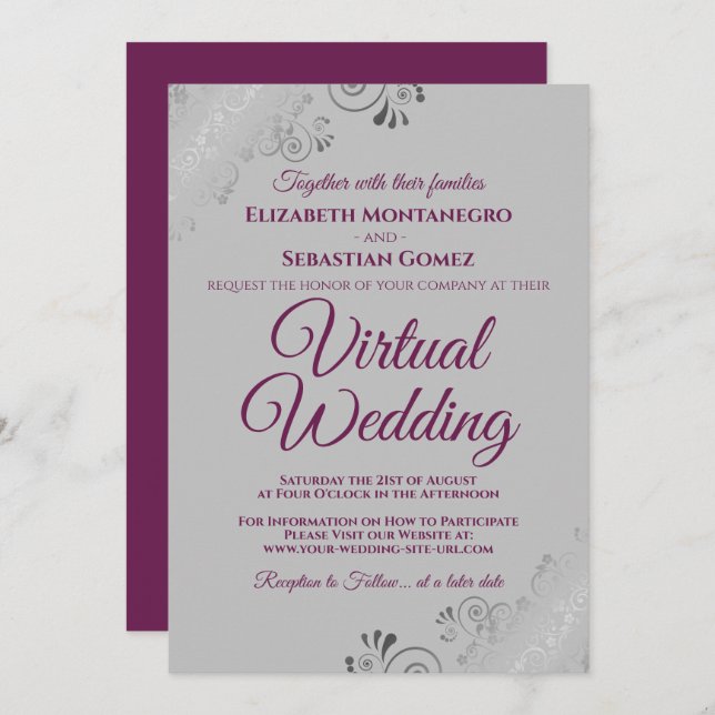 Convite Casamento Virtual de Cabos Prateados e Cinzas (Frente/Verso)