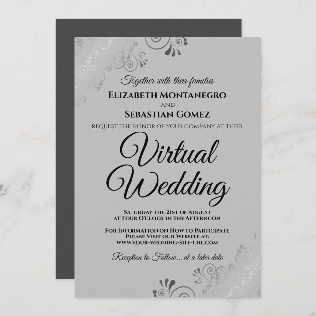 Convite Casamento Virtual de Cinzas Elegantes Silver Frill (Frente/Verso)