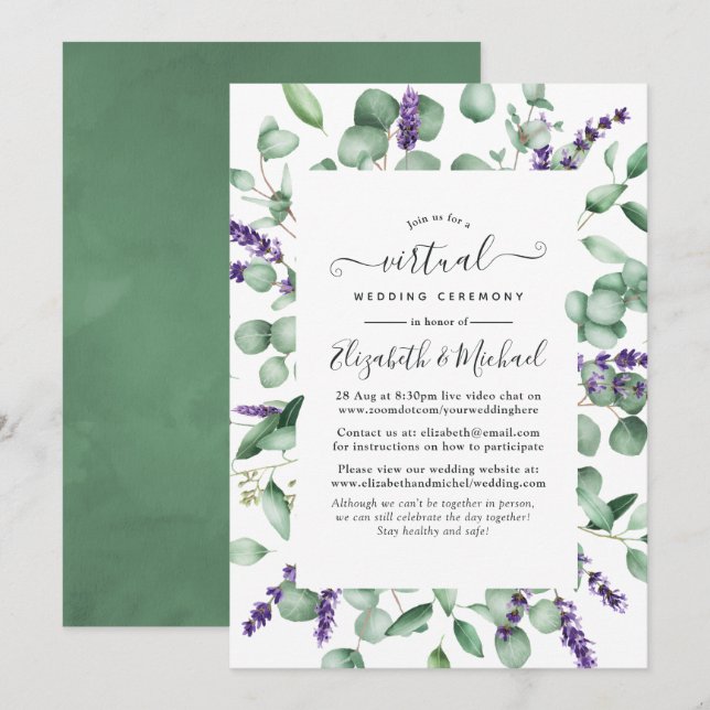 Convite Casamento Virtual de Eucalipto Lavanda (Frente/Verso)