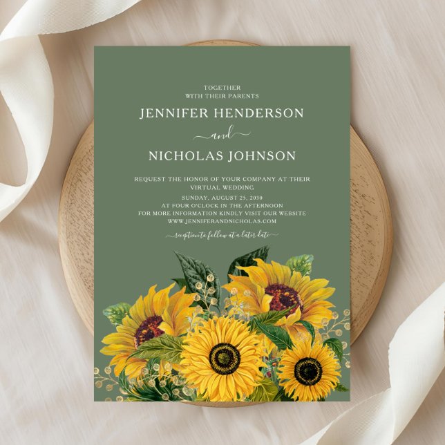Convite Casamento Virtual de Flores Florais Elegantes (Elegant Floral Sunflowers Virtual Wedding Invitation)