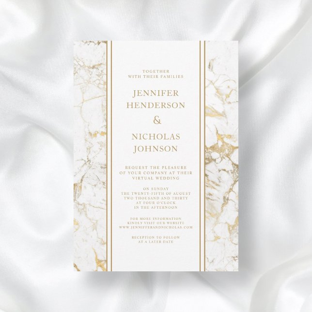 Convite Casamento Virtual de Marble Branco e Dourado Elega (Elegant White & Gold Marble Virtual Wedding Invitation)