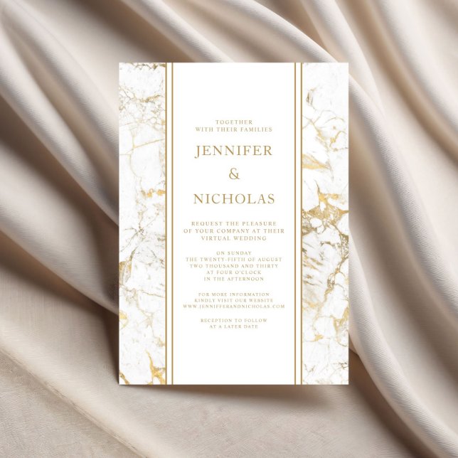 Convite Casamento Virtual de Marble Branco e Dourado Elega (Elegant White & Gold Marble Virtual Wedding Invitation)