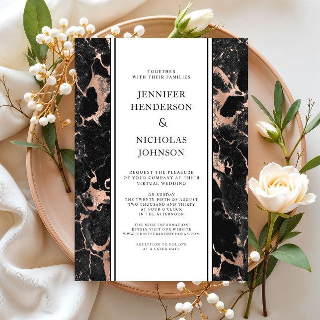 Convite Casamento Virtual de Mármore Preto e Dourado Rosa  (Formal Black And Rose Gold Marble Virtual Wedding Invitation)