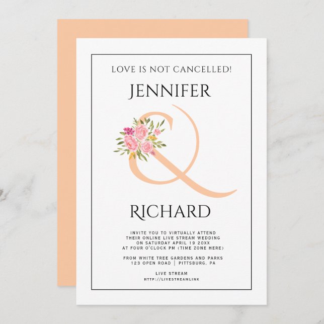 Convite Casamento virtual de pêssego e rosas rosa (Frente/Verso)