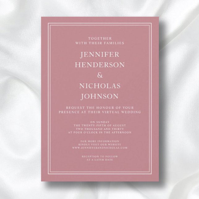 Convite Casamento Virtual de Rosa Formal Elegante Moderno (Front / Modern Elegant Formal Dusty Rose Virtual Wedding Invitation)