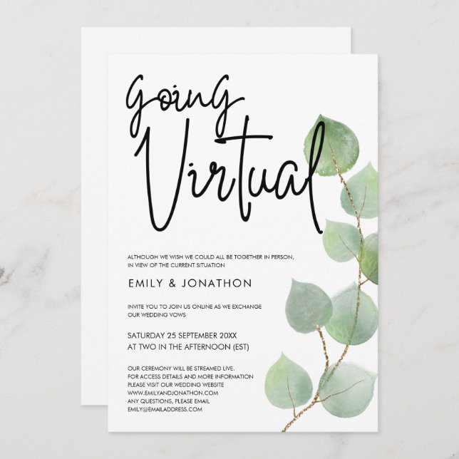 Convite Casamento Virtual de Script Eucalyptus Watercolor (Frente/Verso)