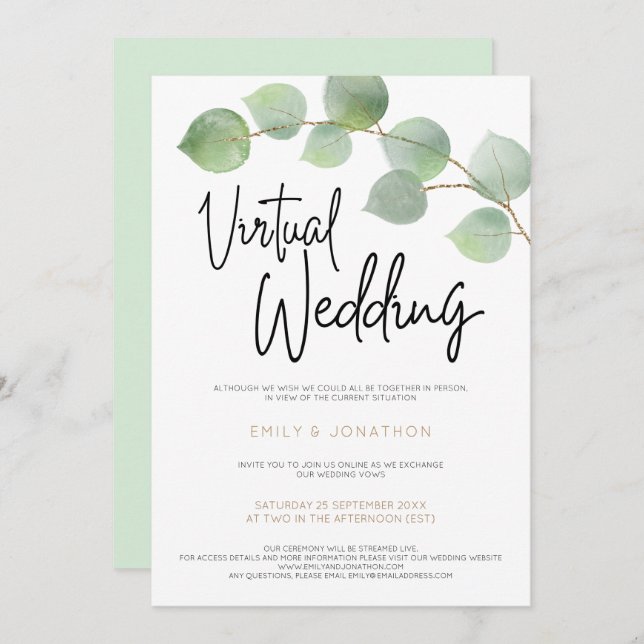 Convite Casamento Virtual de Script Moderno Eucalyptus Lea (Frente/Verso)