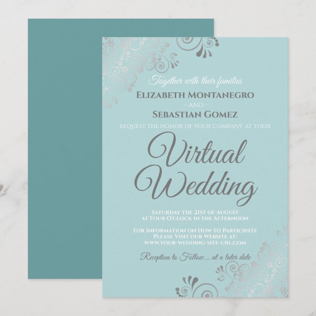Convite Casamento Virtual de Silver Frills Pale Teal e Cin (Frente/Verso)