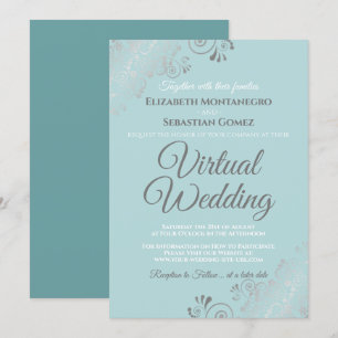 Convite Casamento Virtual de Silver Frills Pale Teal e Cin