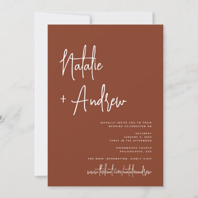 Convite Casamento Virtual de Terracotta com Script Minimal (Frente)