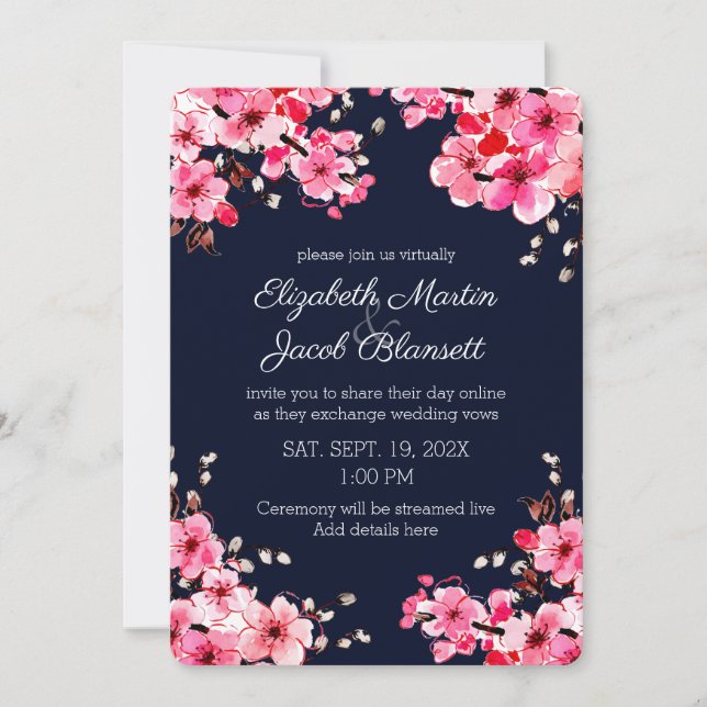 Convite Casamento Virtual de Watercolor Cherry Blossoms (Frente)