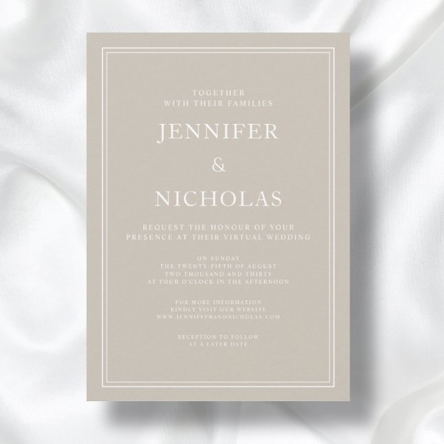 Convite Casamento Virtual do Moderno Elegante Taupe Formal ( Modern Elegant Formal Taupe Beige Virtual Wedding Invitation)