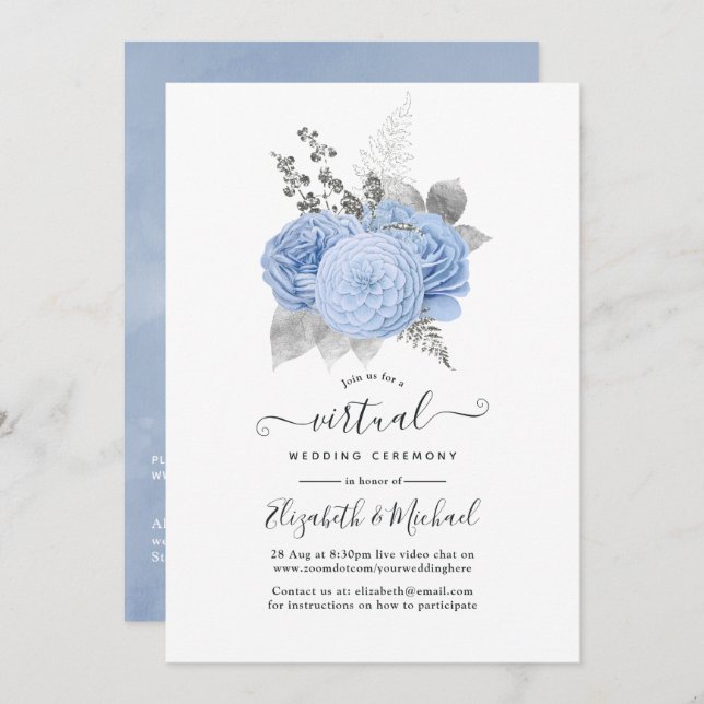 Convite Casamento Virtual do Pastel Blue & Silver Vintage  (Frente/Verso)