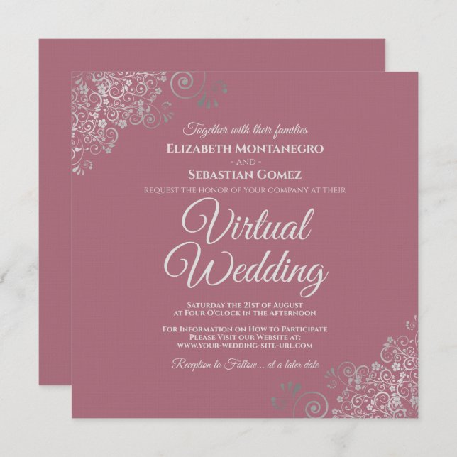 Convite Casamento Virtual Elegante de Dusty Rosa e Lacy Si (Frente/Verso)