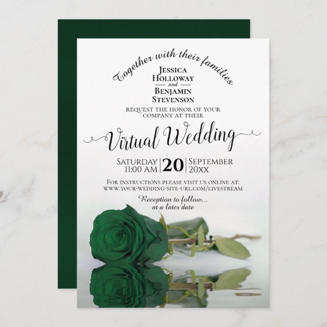 Convite Casamento Virtual Elegante Emerald Green Rosa (Frente/Verso)