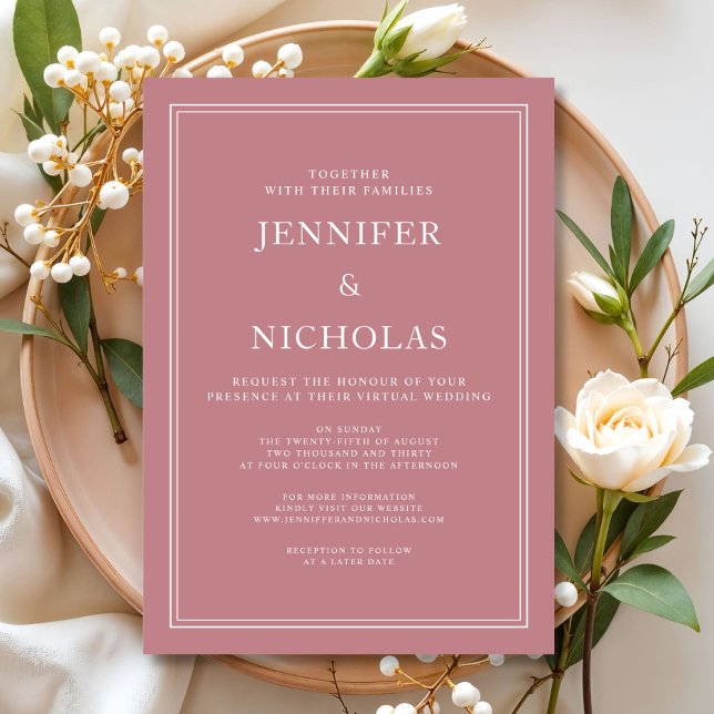 Convite Casamento Virtual Elegante Formal Rosa Empoeirado (Elegant Formal Dusty Pink Virtual Wedding Invitation)