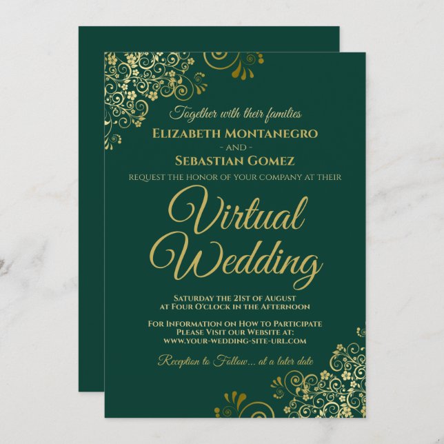 Convite Casamento Virtual Elegante Verde Elegante Dourado  (Frente/Verso)