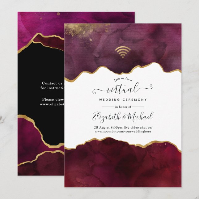 Convite Casamento Virtual em Ágata Burgundy e Dourado (Frente/Verso)