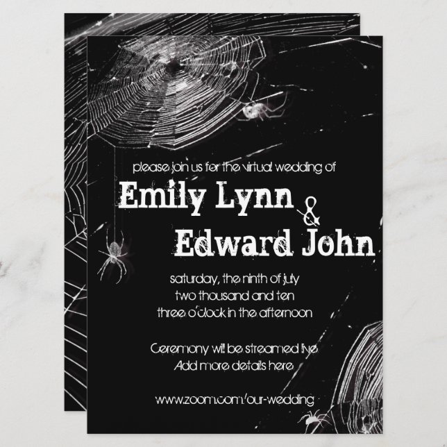 Convite Casamento Virtual entre Cobwebs e Aranhas Brancas (Frente/Verso)