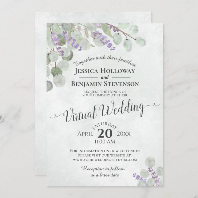Convite Casamento Virtual Eucalyptus Lavanda e Greenery (Frente/Verso)