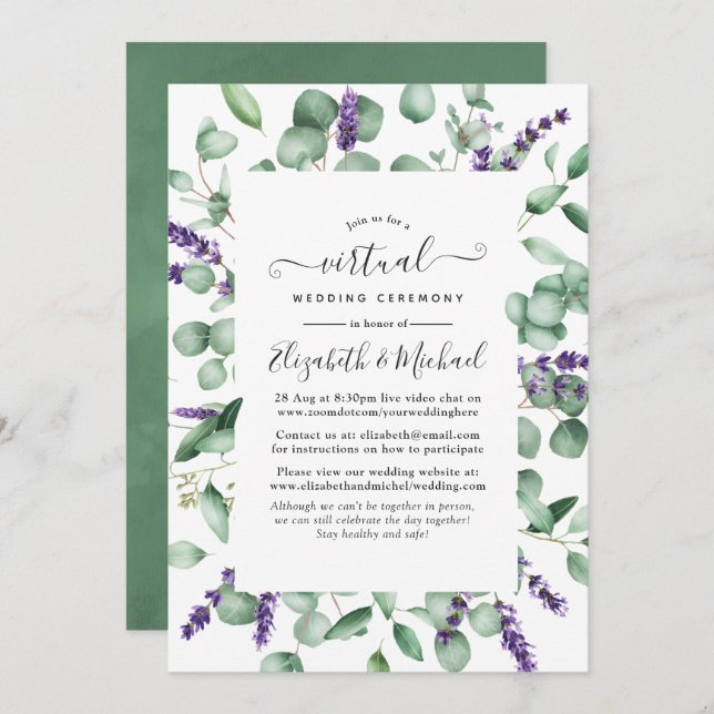 Convite Casamento Virtual Eucalyptus Lavanda Greenery (Frente/Verso)