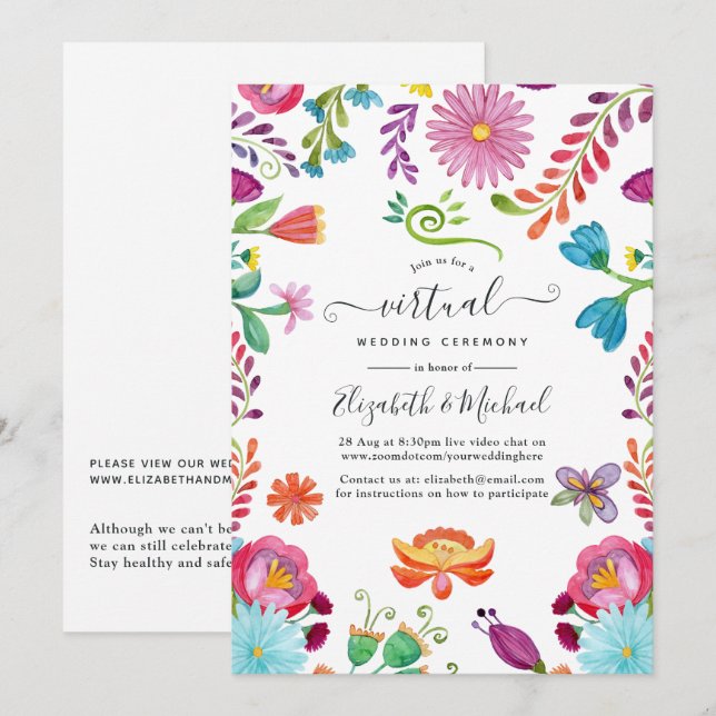 Convite Casamento Virtual Fiesta Mexicana Floral Aquarela (Frente/Verso)