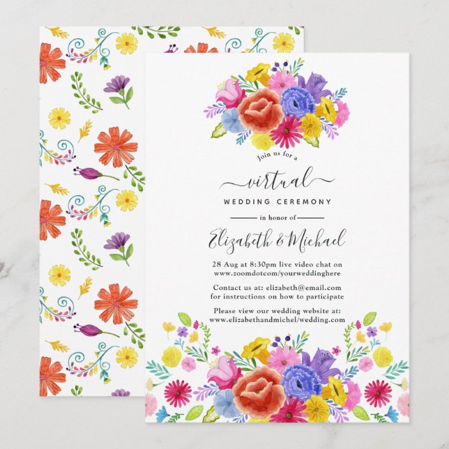 Convite Casamento Virtual Fiesta Mexicano Floral Watercolo (Frente/Verso)