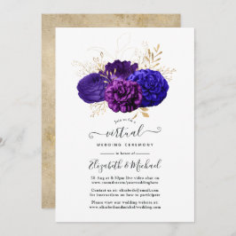 Convite Casamento Virtual Floral, Azul Real e Dourado