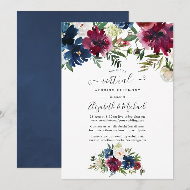 Convite Casamento Virtual Floral Bordo e Azul-Marinho (Frente/Verso)