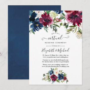 Convite Casamento Virtual Floral Bordo e Azul-Marinho